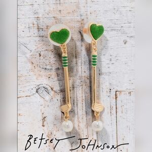 NEW Betsey Johnson Golf Club Pearl Drop 2 Inches Heart Earrings NWT Gift Box
